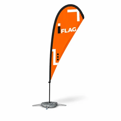 Bandeira publicitária gota com detalhe da base de fixação.