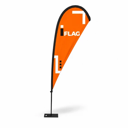 Bandeira publicitária gota impressa e respetivo acabamento.