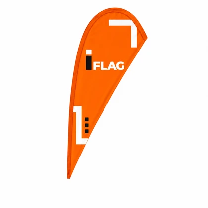 Bandeira publicitária gota impressa e respetivo acabamento.