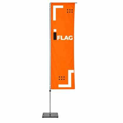 Bandeira publicitária retangular com detalhe da base de fixação.