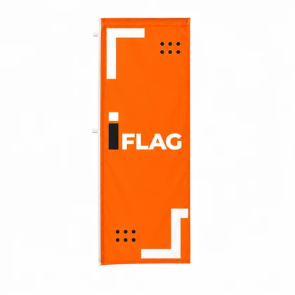 Bandeira publicitária retangular impressa e respetivo acabamento.