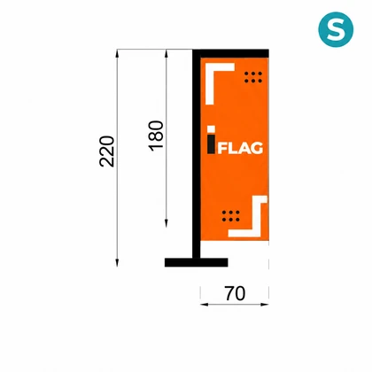 Infografia com as medidas de bandeira publicitária retangular.