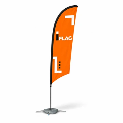 Bandeira publicitária vela com detalhe da base de fixação.